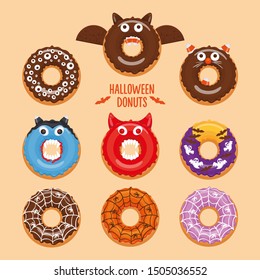 SET OF HALLOWEEN DONUTS DECORATED WITH VARIOUS ELEMENTS