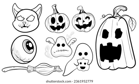 set of Halloween doodle black and white Halloween elements. Traditional Samhain party clipart. Scary collection with jack-o-lantern, spider, ghost, skull, bats, witch, vampire
