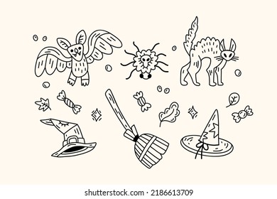 Set of Halloween doodle decorative elements. Bat, cat, spider, witch hats, broom, sweets, autumn leaves, sparks. For websites, stickers, social media and prints. Hand-drawn sketch doodle vector 