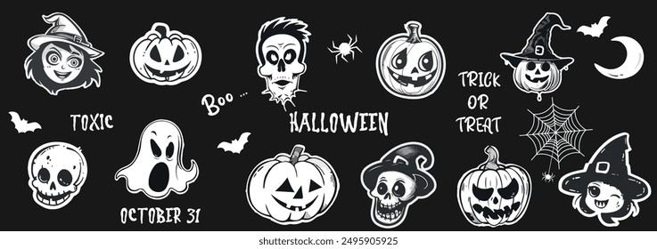 Set of Halloween doodle elements. Pumpkin, ghost, skull, spider, witche, bat, moon. Scary funny monster character.  Trick or Treat. Perfect for Halloween decoration, invitation, and party 