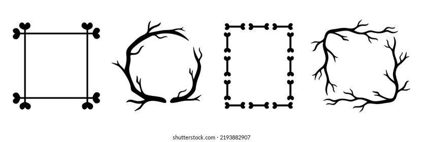 Set of halloween doodle frames isolated. Hand drawn black round, square frames. Vector spooky elements of trees, bones