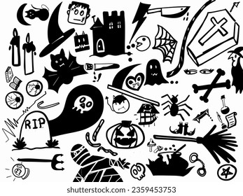 set of Halloween doodle icon from hand drawing style of black line on white background ghost, spider, pumpkin, rip, mummy