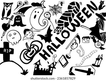 set of Halloween doodle icon from hand drawing style of black line on white background ghost, spider, pumpkin, rip, mummy