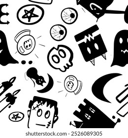 set of Halloween doodle icon from hand drawing style of black line on white background ghost, pumpkin, poison, magic, candle, eyes, moon, cat, seamless pattern