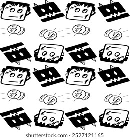 set of Halloween doodle icon from hand drawing style of black line on white background ghost seamless pattern