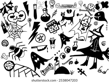 set of Halloween doodle icon from hand drawing style of black line on white background ghost, spider, pumpkin, rip, mummy