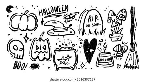 Conjunto de iconos de doodle de halloween. Vector de calabaza de miedo. Bocetos de pegatinas con Elementos de terror. Ilustraciones de diseño Groovy con textura de lápiz sobre fondo blanco