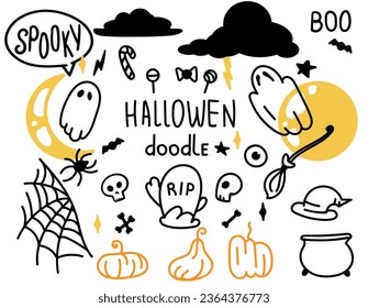 Set of Halloween doodle illustrations on a transparent background, merge line. Holiday elements ghost, sky, stars, cobweb, pumpkin, moon, text, candy, spider, bat. Vector