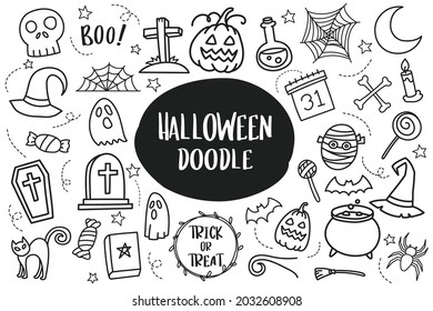 Set of Halloween doodle isolated on white background.