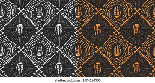 Set halloween doodle pattern with bones. Seamles vector hand drawn