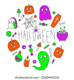 Set of halloween doodle. Pumpkins, ghost, wizard, spooky night, grave, spiderweb, treats, skull, zombie hand, magic potion. Simple colored vector illustration.