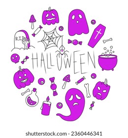 Set of halloween doodle in purple colors. Pumpkins, ghost, wizard, spooky night, grave, spiderweb, treats, skull, zombie hand, magic potion. Simple colored vector illustration.