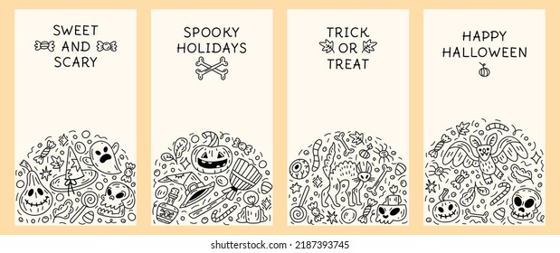 Set of Halloween doodle stories templates. Skulls, bats, pumpkins, sweets, ghosts, witch hats, candles, autumn leaves. For websites, social media and prints. Hand-drawn sketch doodle vector 