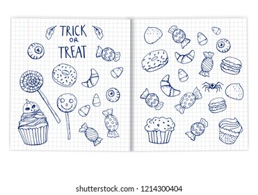 set Halloween doodle sweets drawn in a notebook