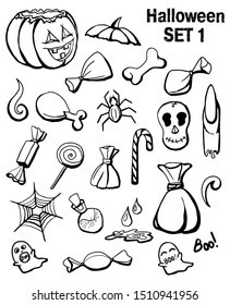 Set of Halloween doodle. Vector set of characters and icons for Halloween in cartoon style. Pumpkin, ghost, candy, Frankenstein, Skeleton and other traditional elements of Halloween.