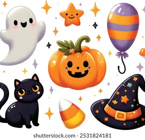 conjunto de garabatos de Halloween, Elementos de dibujos animados, arte de Clip aislado sobre fondo blanco