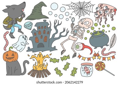 Set of Halloween doodles elements, drawing, cartoon, cute, fun, print, art