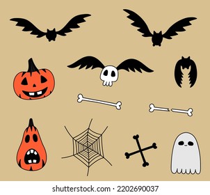 Set of halloween doodles isolated. Hand drawn bats, pumpkins, ghost, skull, bones, cobweb. Spooky vector illustration