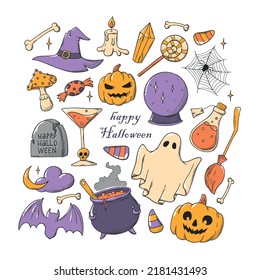 set of Halloween doodles isolated on white background for stickers, clipart, prints, planners, greeting cards, posters, signs, sublimation, etc. EPS 10