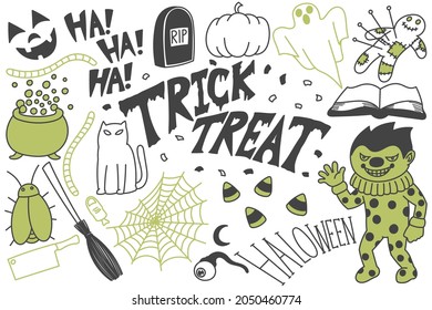 Set of Halloween doodles, trick or treat drawings, hand drawn, illustration, print, art