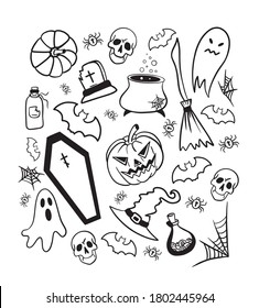 Set of Halloween doodles. Vector illustration with black and white linear elements.