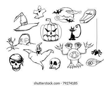 Set with halloween doodles, vector illustration