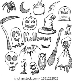 Set of Halloween Drawing illustration Hand drawn doodle Sketch line vector