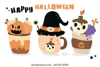 Set of Halloween drink coffee time with Skull Pumpkin and hat witch. Series: Trick or Treat kids Autumn activities Spooky season. Perfect Illustration for Kid shirt design.