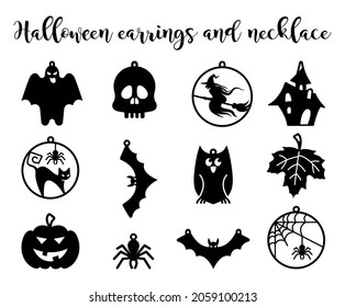 Set Halloween earrings jewellery laser cut. Witch earrings, Spider web earrings,Vector templates for cutting.