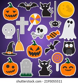 Set of halloween element. Haloween party sticker sign vector. helloween icon collection with bat, pumpkin, spider, cat, skeleton, owl, ghost, gravestone, witch hat and Full moon. Flat cartoon concept