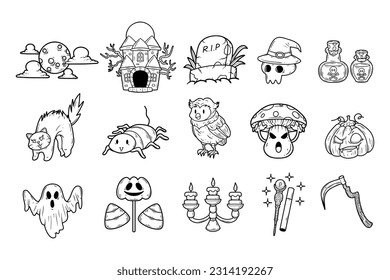 Set of Halloween element outline sketch hand-drawn illustration