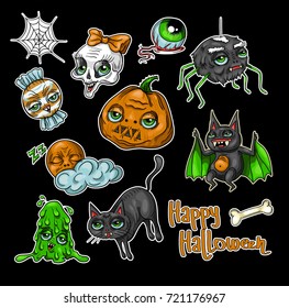 Set of halloween element patches: pumpkin, Skull, Spider, Slime, Cat, Bat, Bone . Halloween icon collection.