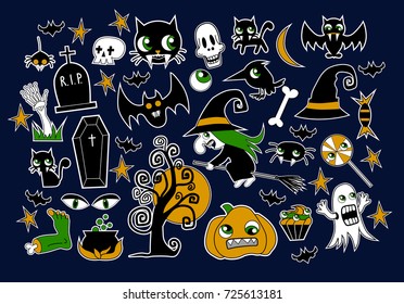 Set of halloween element patches: pumpkin, Skull, Spider, Slime, Cat, Bat, Bone . Halloween icon collection.