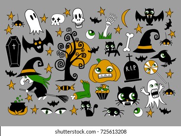 Set of halloween element patches: pumpkin, Skull, Spider, Slime, Cat, Bat, Bone . Halloween icon collection.