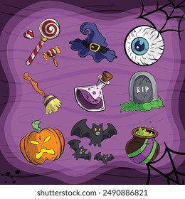 a set of halloween elements assets bundle in clipart cartoon illustration style for halloween trick or treat festival 