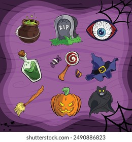 a set of halloween elements assets bundle in clipart cartoon illustration style for halloween trick or treat festival 