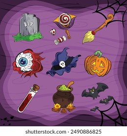 a set of halloween elements assets bundle in clipart cartoon illustration style for halloween trick or treat festival 