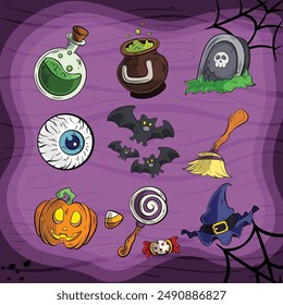 a set of halloween elements assets bundle in clipart cartoon illustration style for halloween trick or treat festival 