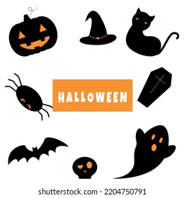 Set With Halloween Elements. Black Cat, Pumpkin, Skull, Spider, Hat, Bat. Vector Illustration