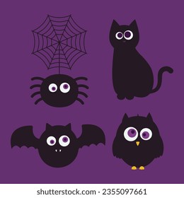 Set of Halloween elements. Black cat, spider, bat, and owl silhouettes