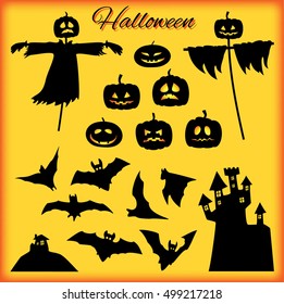 A set of Halloween elements, black on bright background