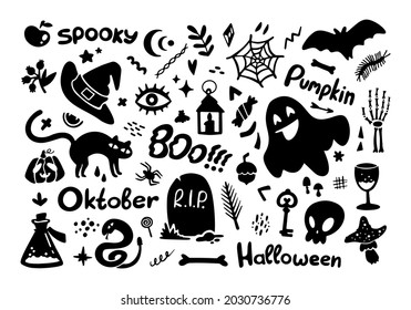 Set of Halloween elements, black silhouette collection, funny illustration isolated on white background. Perfect for holiday decoration, stickers. Vector