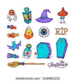 Set of halloween elements. Bright colored, outlined freehand drawings