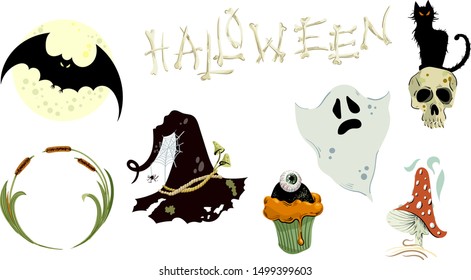 Set of halloween elements. Bright hand-drawn elements, mushroom, skull, hat witch, cake, reduction