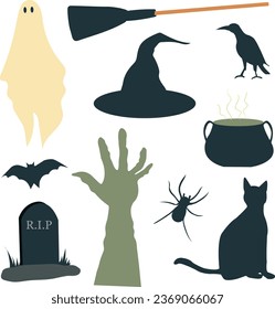 set of halloween elements, halloween elements, broom, ghost, crow, cat, bat, grave and hat