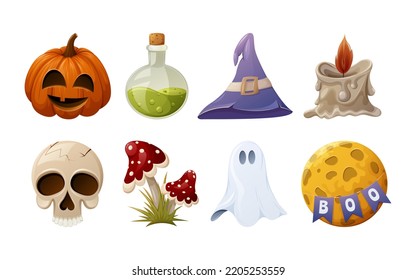 Conjunto de elementos de Halloween. Candela en llamas, calavera, calabaza con cara, poción en frasco de vidrio, mosca agaric, sombrero de brujería, fantasma, luna llena con garland de banderas, boo de texto. Ilustración vectorial de dibujos animados