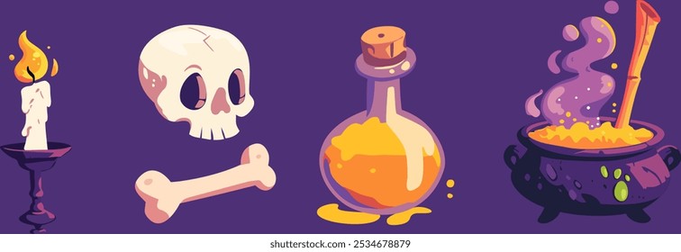 Set of Halloween Elements Candlestick, Bone, Skull, Magic Potion Bottle, Cauldrons, Vector Illustrator 