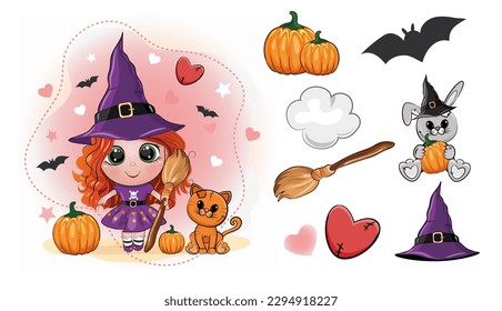 Set of halloween elements in cartoon style. Design of witch, creepy and spooky elements for halloween decorations, sketch, icon. Hand drawn vector isolated on white  background.