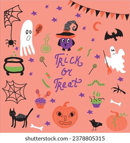 Set of halloween elements. Cartoon style, vector illustration