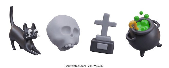 Conjunto de elementos de Halloween al estilo de las caricaturas. Gato negro, cráneo humano, lápida de piedra con cruz, caldero de poción burbujeante. Ilustraciones 3D para diseño web creativo